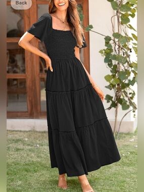 XL pretty garden Maxi Dress Black Gingham Seersucker Pouf Sleeves Tiered Smock